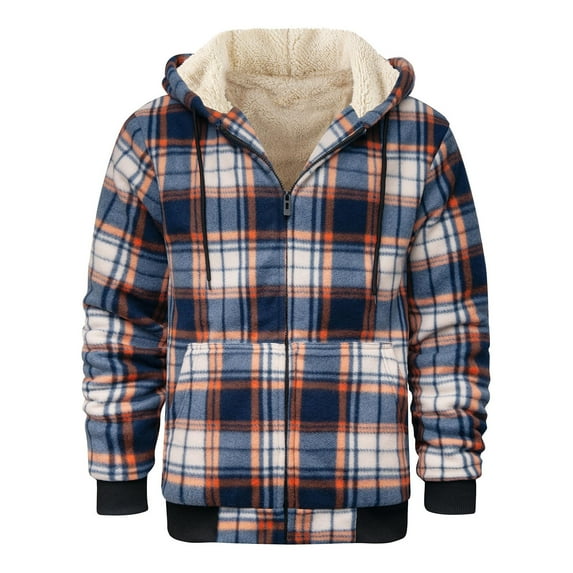 Mens Fleece Flannel Jackets Full Zip Shirt Plaid Cotton Hoodies Soft Warm Coat for Men with Hood Trendy Winter Down Jackets Checked Shirt Jackets