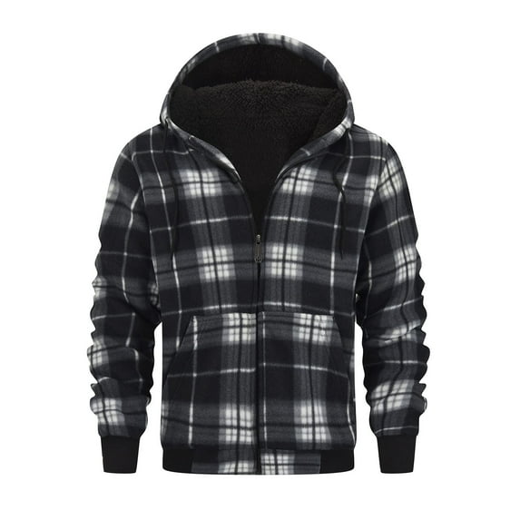 Mens Fleece Flannel Jackets Full Zip Shirt Plaid Cotton Hoodies Soft Warm Coat for Men with Hood Trendy Winter Down Jackets Checked Shirt Jackets