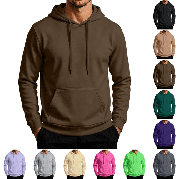 Mens Fleece Hooded Sweatshirt Casual Stylish Comfy Long Sleeves Hoodies Fall Winter Thermal Drawstring Pure Color Sweatshirt Coffee 2XL