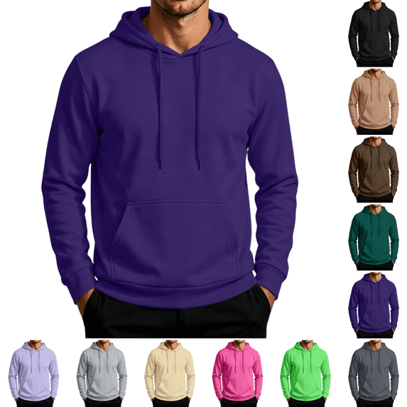 Mens Fleece Hooded Sweatshirt Casual Stylish Comfy Long Sleeves Hoodies Fall Winter Warm Drawstring Pure Color Pullover Dark Purple XL