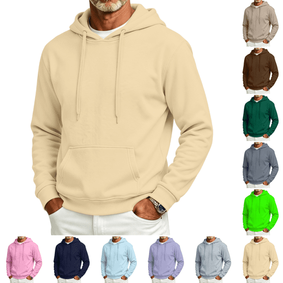 Mens Fleece Hooded Sweatshirt Fashion Casual Comfy Long Sleeves Hoodies Fall Winter Warm Drawstring Pure Color Sweatshirt Khaki M