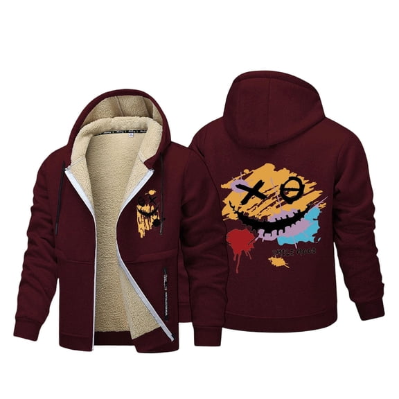 Mens Fleece Hooded Thick Sweatshirt with Funny Letter Print Zipper Warm Winter Outwear Layering Ideal for All Seasons A-Wine L