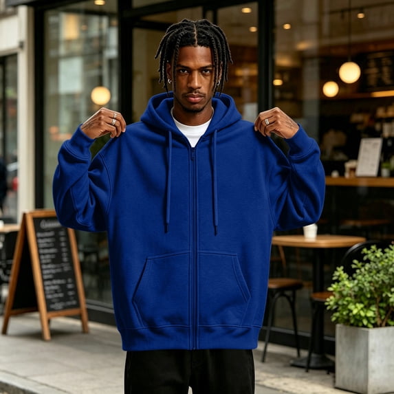 Mens Fleece Hoodie Full Zip Hooded Sweatshirt Big and Tall Long Sleeve Oversized Solid Color Casual Jacket Front Pockets