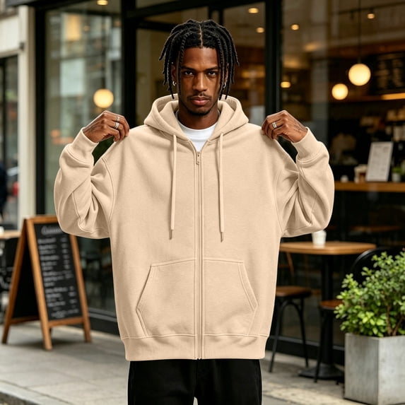 Mens Fleece Hoodie Full Zip Hooded Sweatshirt Big and Tall Long Sleeve Oversized Solid Color Casual Jacket Front Pockets