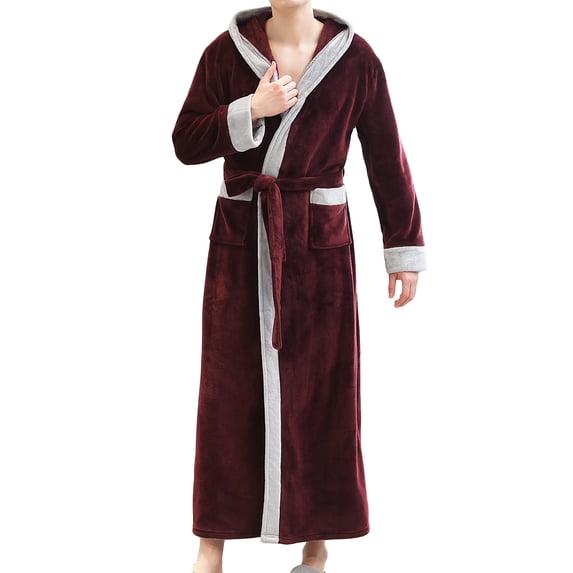 Mens Fleece Hoodie Robe Plush Soft Warm Long Bathrobe Wrap Style Mid Length Flannel Pajamas Bathrobes
