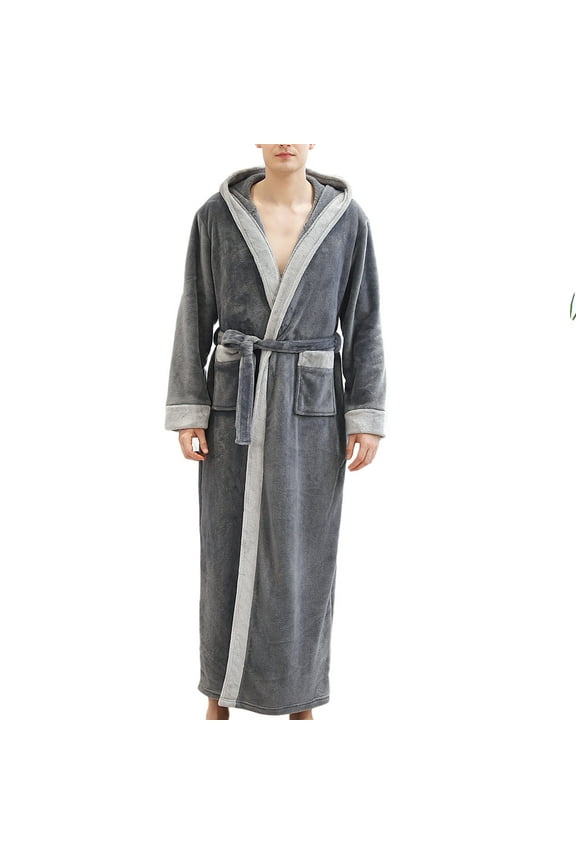 Mens Fleece Hoodie Robe Plush Soft Warm Long Bathrobe Wrap Style Mid Length Flannel Pajamas Bathrobes