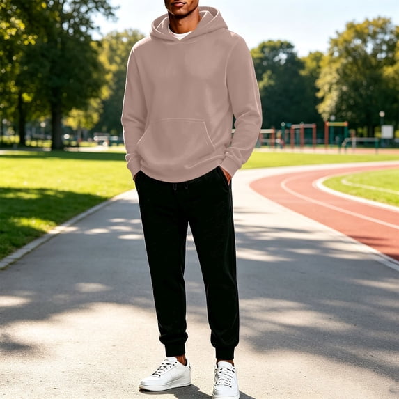 Mens Fleece Hoodie + Sweatpants Outfits Casual Fit Long Sleeve Pullover Tracksuit Set Hoody Sweatshirt and Joggers Khaki XL