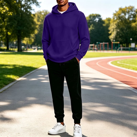 Mens Fleece Hoodie + Sweatpants Outfits Casual Fit Long Sleeve Pullover Tracksuit Set Hoody Sweatshirt and Joggers Purple M