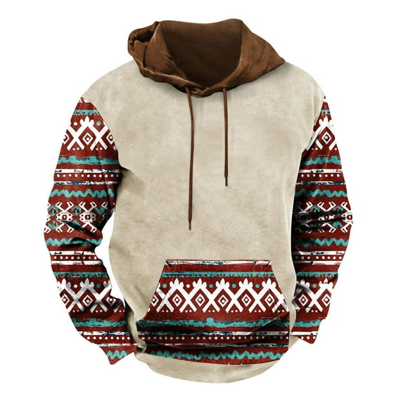 Mens Fleece Hoodies Colour Block Vintage Ethnic Style Printed Pullover Hooded Sweatshirts with Pockets Fall Sweatshirts Work Wear Sweaters Drawstring Hoody Long Sleeve Tops Hoodie for Men
