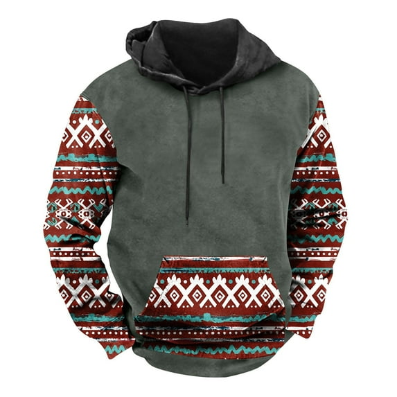 Mens Fleece Hoodies Colour Block Vintage Ethnic Style Printed Pullover Hooded Sweatshirts with Pockets Fall Sweatshirts Work Wear Sweaters Drawstring Hoody Long Sleeve Tops Hoodie for Men