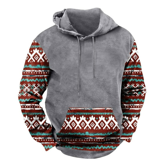 Mens Fleece Hoodies Colour Block Vintage Ethnic Style Printed Pullover Hooded Sweatshirts with Pockets Fall Sweatshirts Work Wear Sweaters Drawstring Hoody Long Sleeve Tops Hoodie for Men