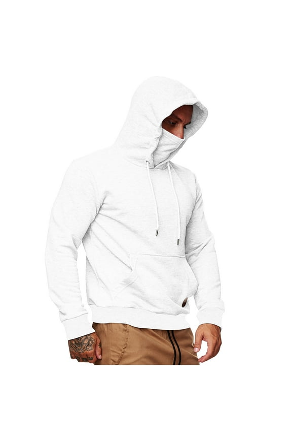 Mens Fleece Hoodies Face Cover Mask Sweatshirts Long Sleeve Hooded Pullover Sweatshirt Casual Athletic Workout Hoodie