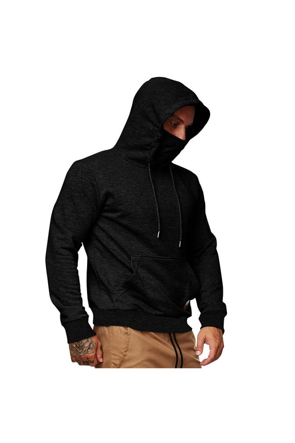 Mens Fleece Hoodies Face Cover Mask Sweatshirts Long Sleeve Hooded Pullover Sweatshirt Casual Athletic Workout Hoodie