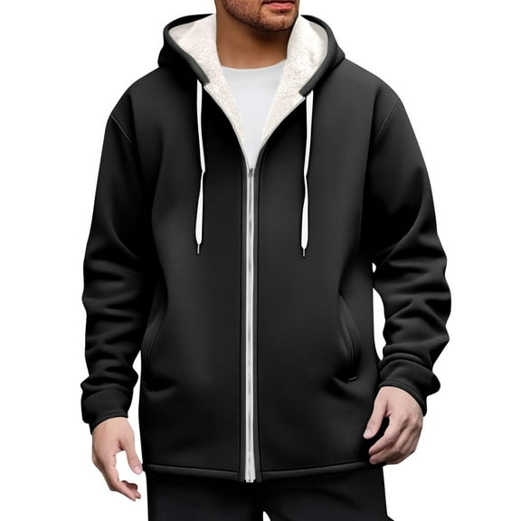 Mens Fleece Hoodies Full Zipper Cardigan Jackets Solid Lined Velvet Thick Coats Long Sleeve Hooded Sweatshirts Warm Outwears Winter Clothings with Pocket