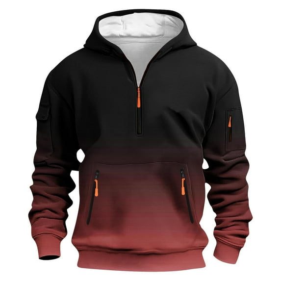 Mens Fleece Hoodies With Zipper Pockets Quarter Zip Gradient Color Pullover Long Sleeve Hooded Sweatshirt Tops
