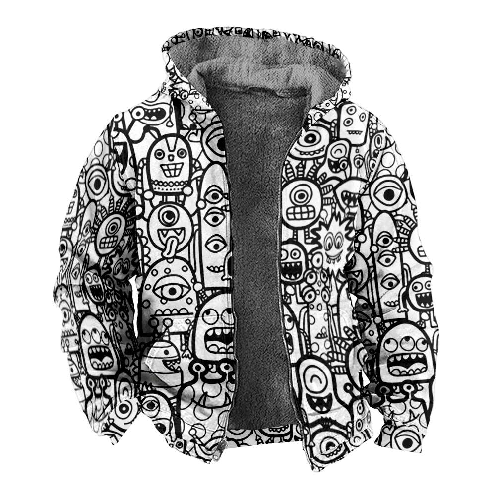 Mens Fleece JacketCartoon Doodle Pattern Graphics Full Zip Hoodie