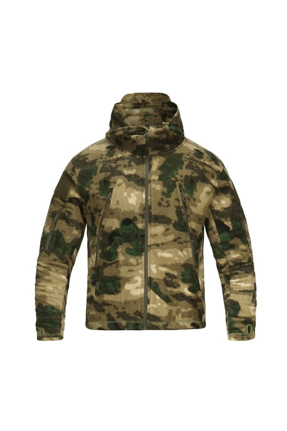 Mens Fleece Jacket Casual Camouflage Zipper Warm Hooded Jacket With Pockets Winter Lightweight Loose Fit Sports Outwear