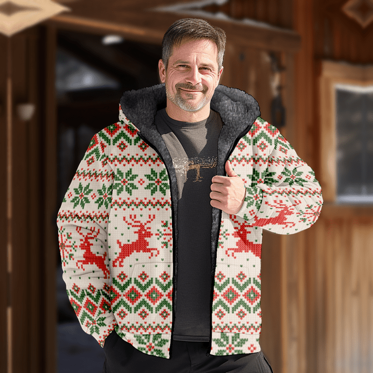 Mens Fleece Jacket-Christmas Nordic Plaid Graphics Full Zip Hoodie Jacket  for Men,Winter Warm Cozy Fleece Hoodie Jacket,Red Green(XS,DHXF) 