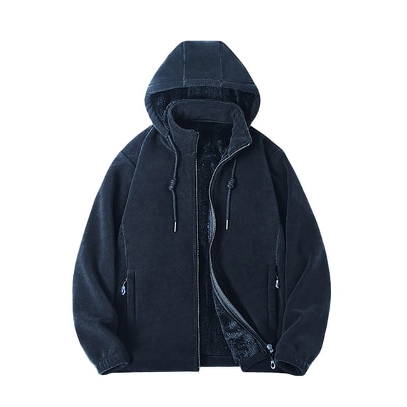 Mens Fleece Jacket Detachable Hood Warm Casual Zip Up Outerwear Coat Solid Color Long Sleeve Loose Winter Fall Outerwear Jacket with Pockets