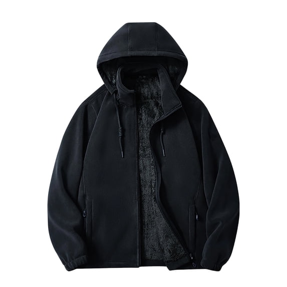 Mens Fleece Jacket Detachable Hood Warm Casual Zip Up Outerwear Coat Solid Color Long Sleeve Loose Winter Fall Outerwear Jacket with Pockets
