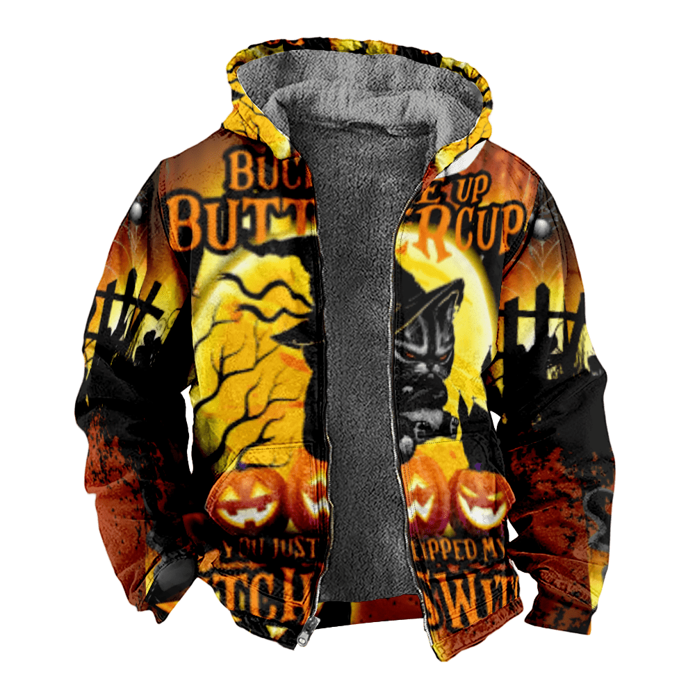 Mens Fleece JacketHalloween Scary Pumpkin Head Castle Horror Graphics Full Zip Hoodie Jacket