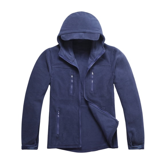 Mens Fleece Jacket Hooded Full Zip Fall Winter Warm Jacket Solid Color Loose Casual Fleece Long Sleeve Outdoor Jackets with Pockets