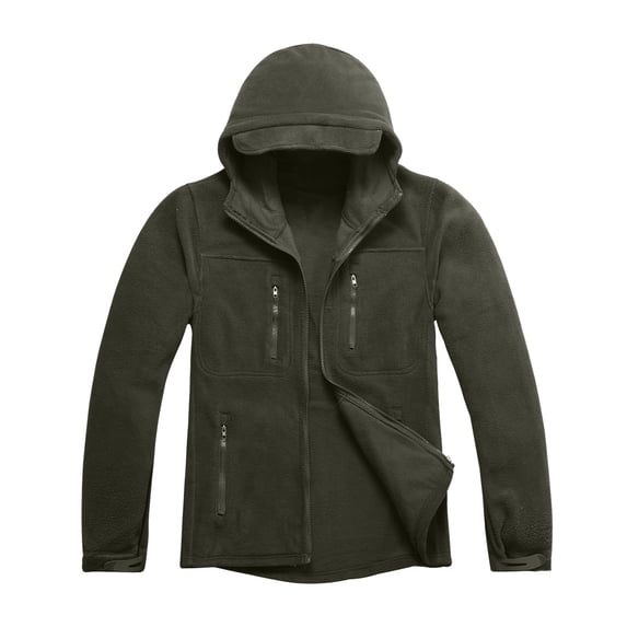 Mens Fleece Jacket Hooded Full Zip Fall Winter Warm Jacket Solid Color Loose Casual Fleece Long Sleeve Outdoor Jackets with Pockets