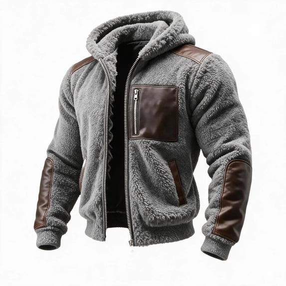 Mens Fleece Jacket Hooded Full Zip Faux Leather Trim Warm Soft Winter Coat with Pockets Winter Outdoor Casual Work Travel Wear