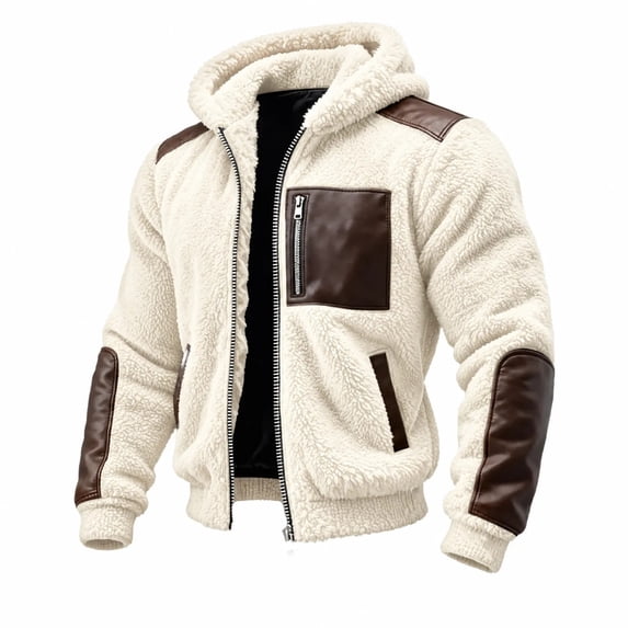 Mens Fleece Jacket Hooded Full Zip Faux Leather Trim Warm Soft Winter Coat with Pockets Winter Outdoor Casual Work Travel Wear