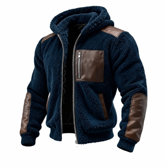 Mens Fleece Jacket Hooded Full Zip Faux Leather Trim Warm Soft Winter Coat with Pockets Winter Outdoor Casual Work Travel Wear