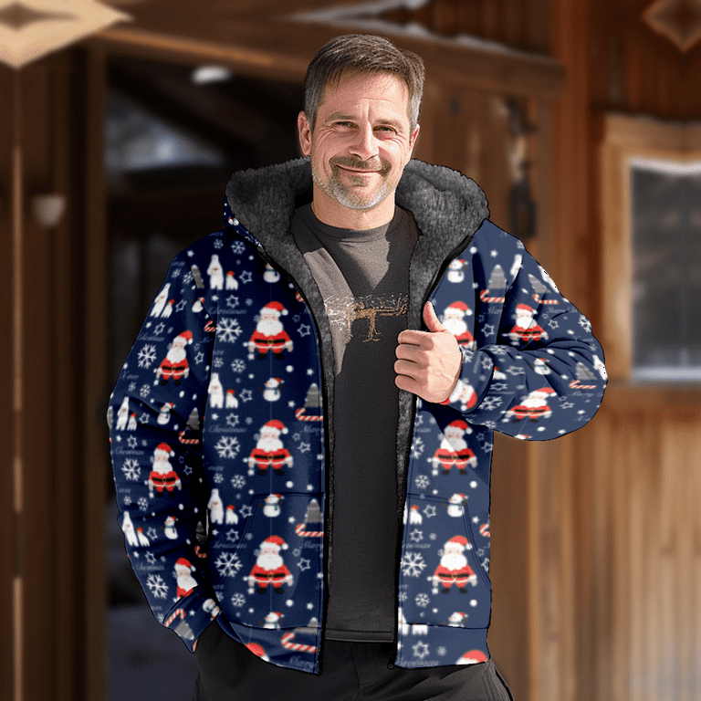 Mens Fleece Jacket-Merry Christmas Graphics Full Zip Hoodie Jacket for  Men,Winter Warm Cozy Fleece Hoodie Jacket,Blue(XL,DFQP) 