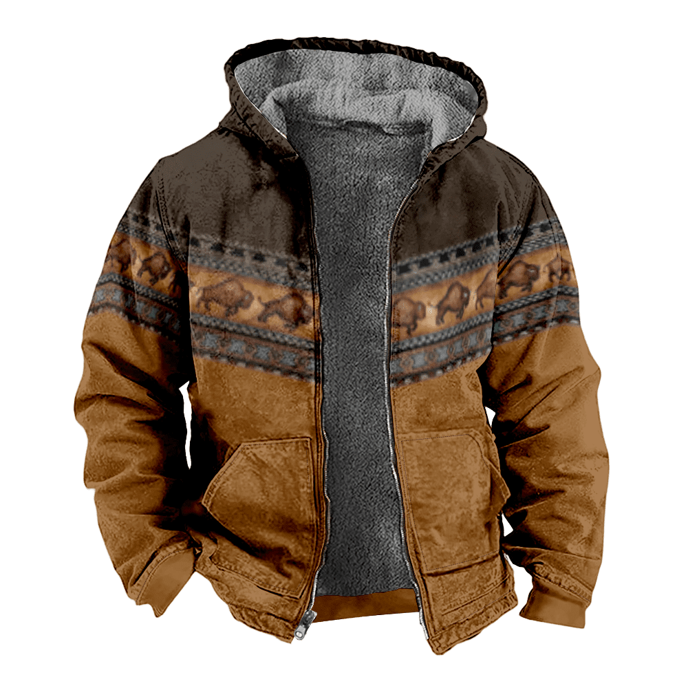 Mens Fleece JacketNordic Pattern Plaid Graphics Full Zip Hoodie Jacket