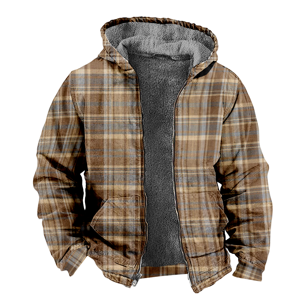 Mens Fleece JacketRetro Buffalo Plaid Graphics Full Zip Hoodie Jacket