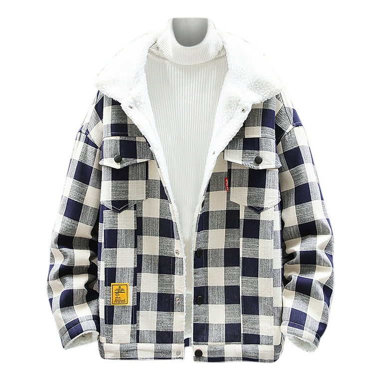 Mens Fleece Jacket Sherpa Lined Button Down Buffalo Plaid Flannel