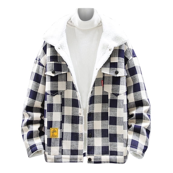 Mens Fleece Jacket Sherpa Lined Button Down Buffalo Plaid Flannel Coat Casual Long Sleeve Warm Fall Winter Outwear Jacket