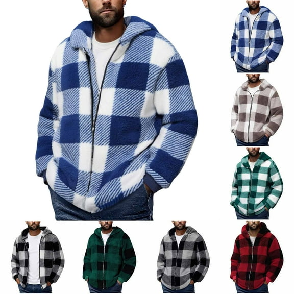 Mens Fleece Jacket Sherpa Lined Lattice Zip Up Hoodie Warm Plush Winter Coat Casual Soft Outerwear for Cold Weather Fall Fleece Coats
