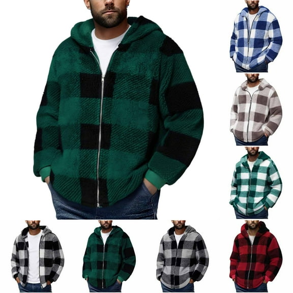 Mens Fleece Jacket Sherpa Lined Lattice Zip Up Hoodie Warm Plush Winter Coat Casual Soft Outerwear for Cold Weather Fall Fleece Coats
