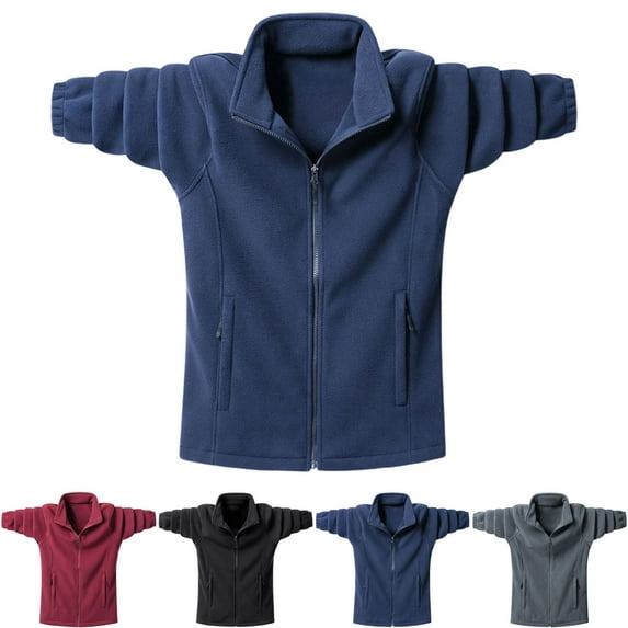 Mens Fleece Jackets Plus Size Mens Jackets Men's Solid Color Pocket Zipper Cardigan Long Sleeved Stand Up Collar Wool Jacket, M-5XL