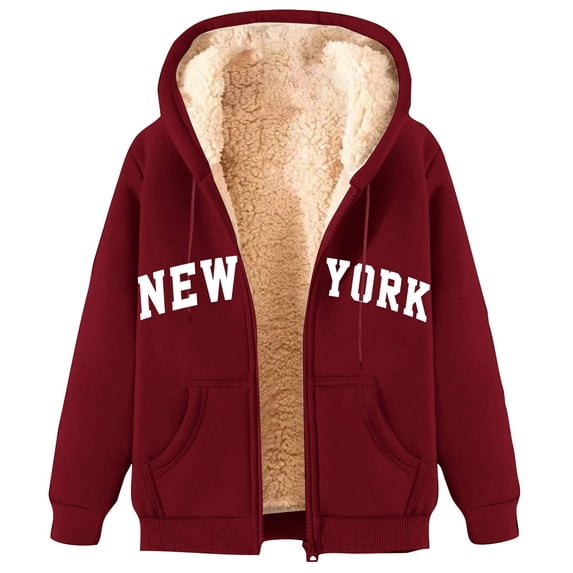 Mens Fleece Jackets Zip Up Jacket Coat Hooded Winter Warm Sherpa Lined Jackets Sweatshirts Windproof Thick Outerwear with Pockets New York Printed Long Sleeve Tops Thick Coat Outerwear