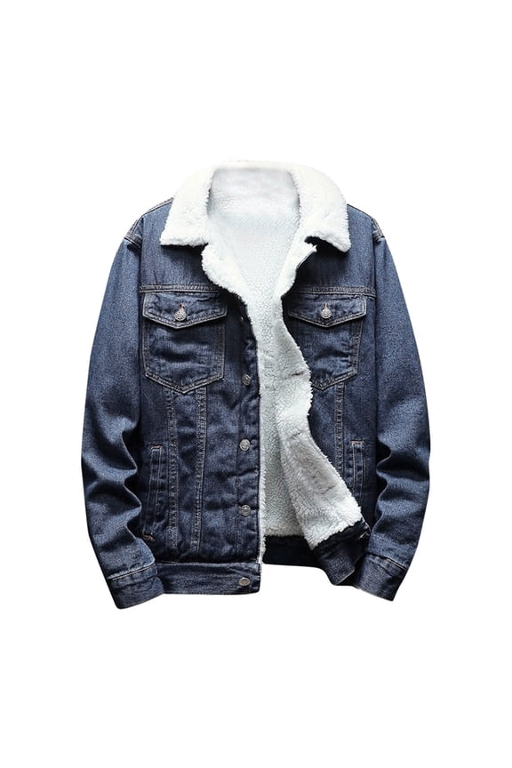 Men's Winter Sherpa Windbreaker Casual Button Down Fleece Denim Jacket Lapel Sherpa Fleece Thicken Trucker Jackets