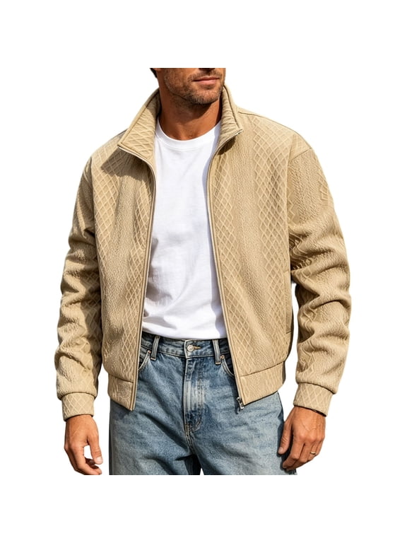 Mens Fleece Lined Argyle Textured Knit Jacket Full Zip Sweatshirt Mock Neck Warm Sweater for Cold Weather Outdoor Layering with Pockets, Khaki, XXL