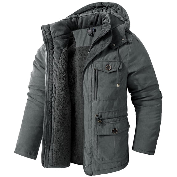 Mens Fleece Lined Cargo Jacket Bigs and Talls Stand Collar Sherpa Thick Jackets Full Zip Thermal Trucker Retro Winter Warm Coats