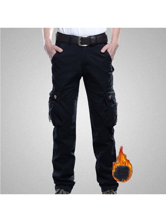 Mens Fleece Lined Cargo Pants Outdoor Winter Thermal Work Pants Casual Straight Pants Lightweight Hiking Pants with Pockets
