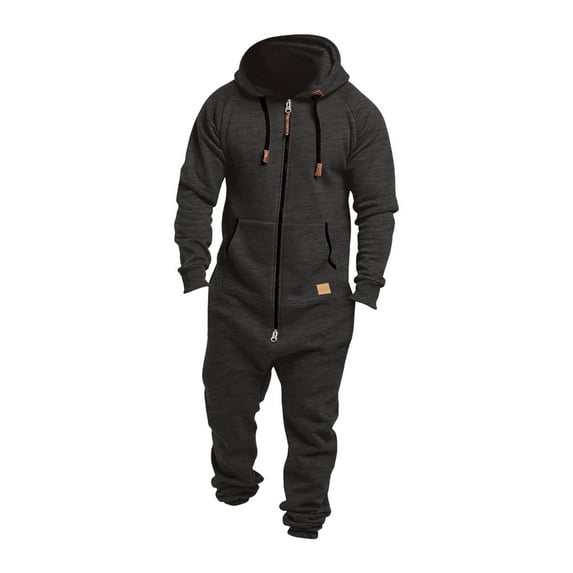 Mens Lined Hooded Jumpsuit Insulated Zip up One Piece Pajamas Onesie Playsuit Jogger Sweatsuit Overall Romper