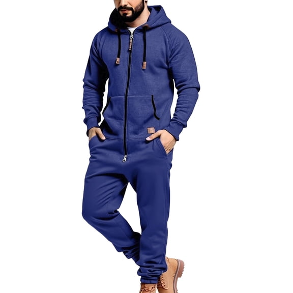 Mens Fleece Lined Hooded Jumpsuit Onesie Tracksuit Zip Up One Piece Jogger Sweatsuit Pajamas