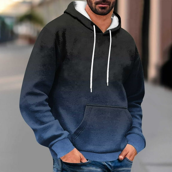 Mens Fleece Lined Hoodies with Front Pocket Pullover Long Sleeve Sweatshirts Trendy Gradient Printed Loose Thermal Warm Going-Out Hoodie Tops