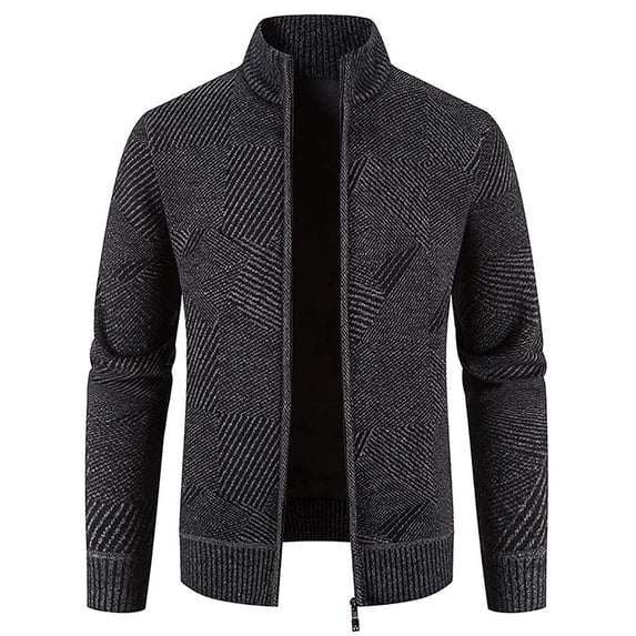 Mens Fleece Lined Jacket Sweater Stand Collar Full Zip Long Sleeve Knitted Cardigan Warm Winter Thick Coat Outwear