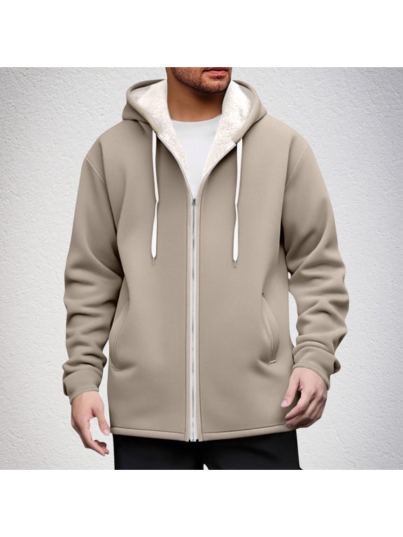 Mens Fleece Lined Jacket Zip up Hoodies Casual Long Sleeve Warm Sweatshirts Fall Winter Soft Cozy Coats with Pocket New Fall Jackets for Men Windproof Khaki M
