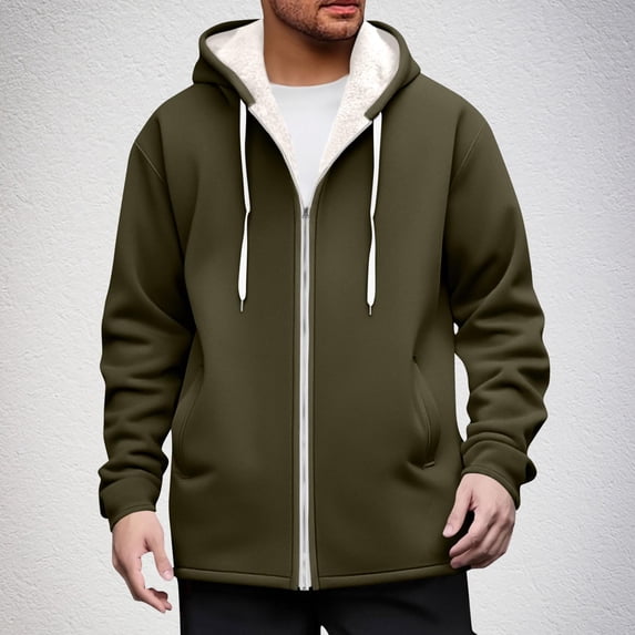 Mens Fleece Lined Jacket Zip up Hoodies Casual Long Sleeve Warm Sweatshirts Fall Winter Soft Cozy Coats with Pocket New Mens Long Sleeve Jackets Army Green S