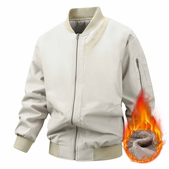 Mens Fleece Lined Jackets Long Sleeve Zip Up Baseball Coats with Pockets Casual Solid Color Thermal Warm No Hood Motorcycle Outerwear Jacket